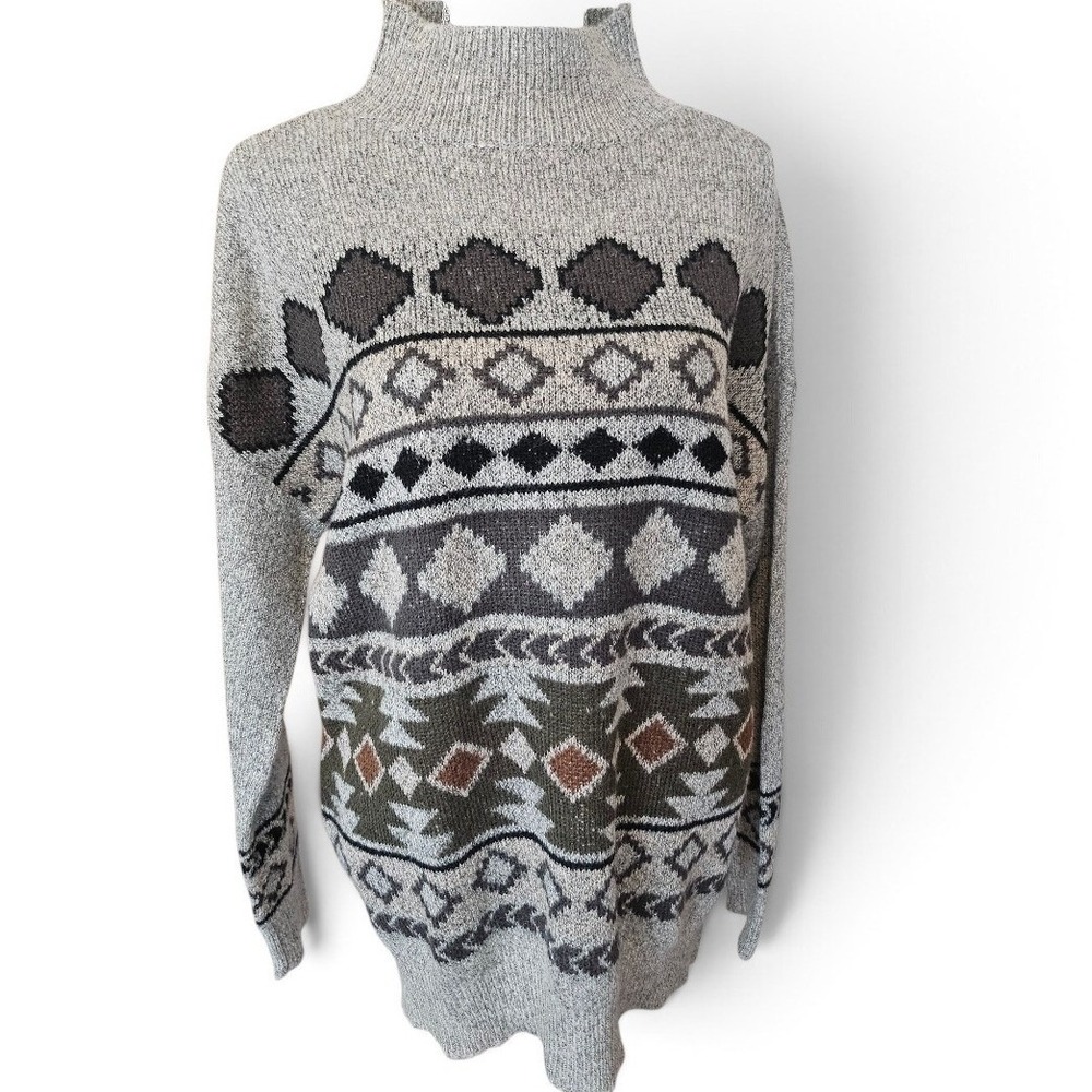 Venus Womens Gray Southwestern Geometric Mock Neck Pullover Sweater Medium